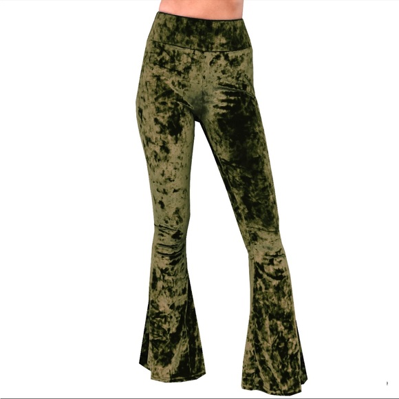 Olive Green Crushed Velvet Bell Bottom Flare Pants - Picture 2 of 12